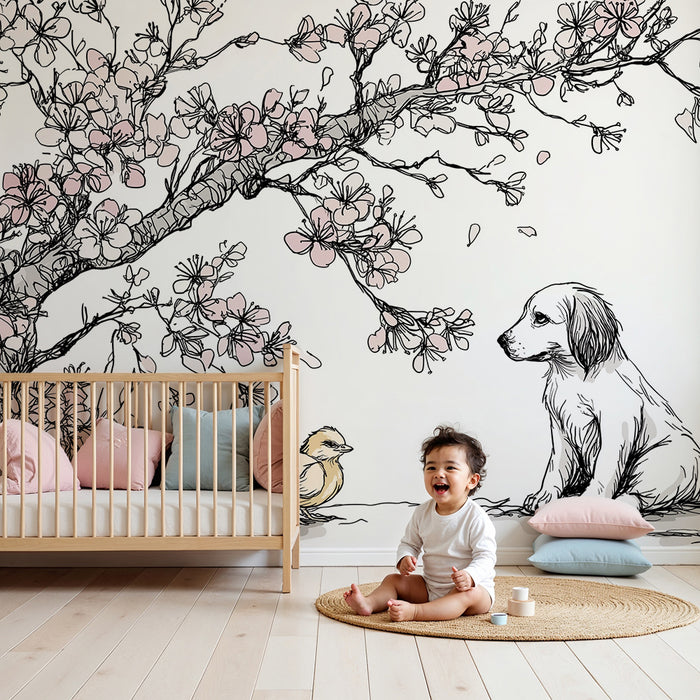 Kinderzimmer Tapete | Welpe und Küken unter einer blühenden Kirschblüte