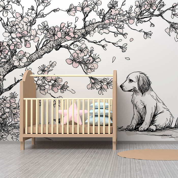 Kinderzimmer Tapete | Welpe und Küken unter einer blühenden Kirschblüte