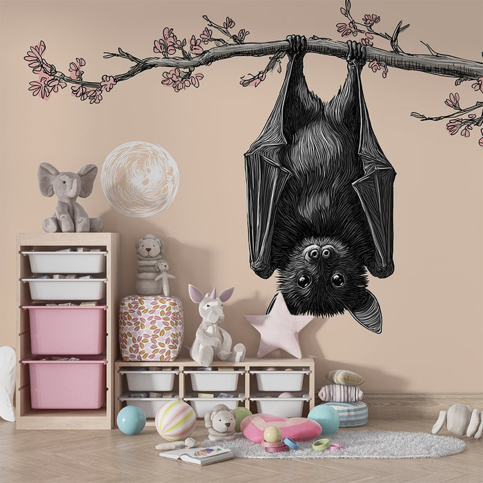 Barntapet | Söt fladdermus hängande under en blommande gren