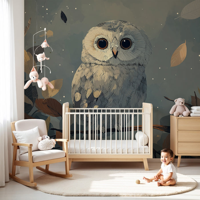 Kinderkamer behang | Zachte uil in een nachtelijke setting