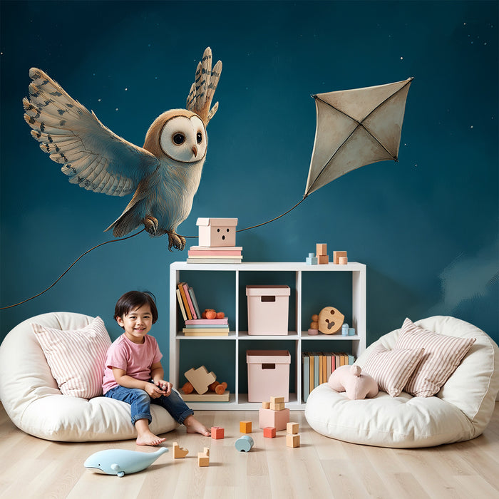 Kids room wallpaper | Playful owl flying with a kite under a starry sky