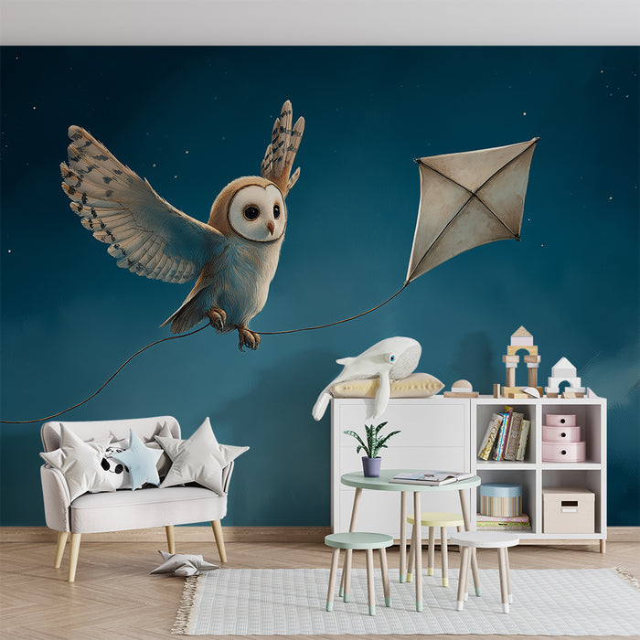 Kids room wallpaper | Playful owl flying with a kite under a starry sky