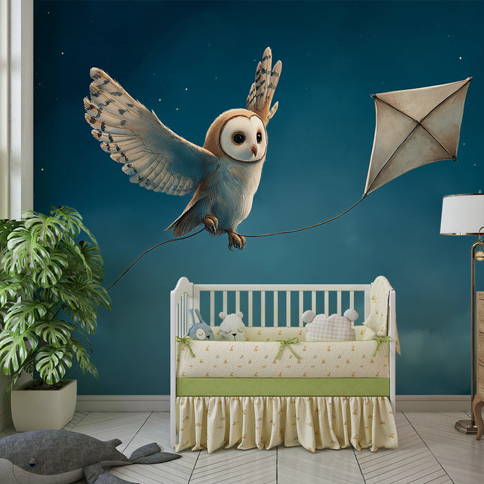 Kids room wallpaper | Playful owl flying with a kite under a starry sky