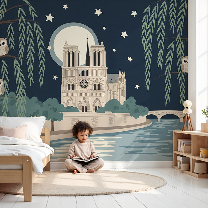 Papier peint chambre enfant | Chouettes veilleuses sous la lune près de Notre-Dame
