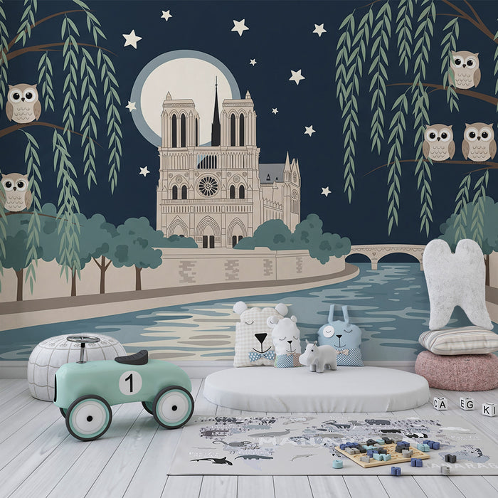 Papier peint chambre enfant | Chouettes veilleuses sous la lune près de Notre-Dame