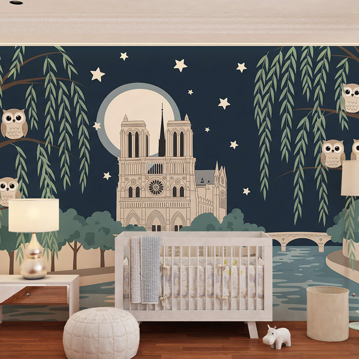 Papier peint chambre enfant | Chouettes veilleuses sous la lune près de Notre-Dame