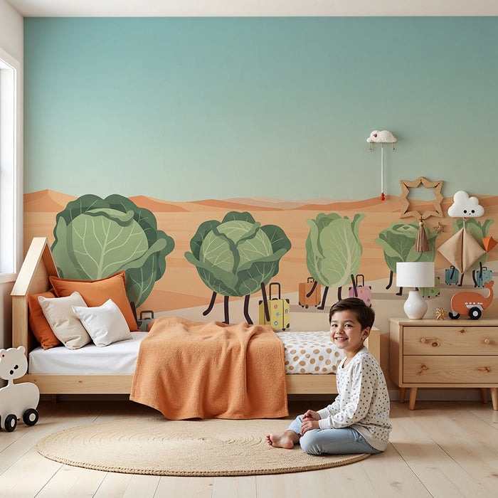 Kinderzimmer-Tapete | Reisekohl im Wüstenabenteuer mit bunten Koffern