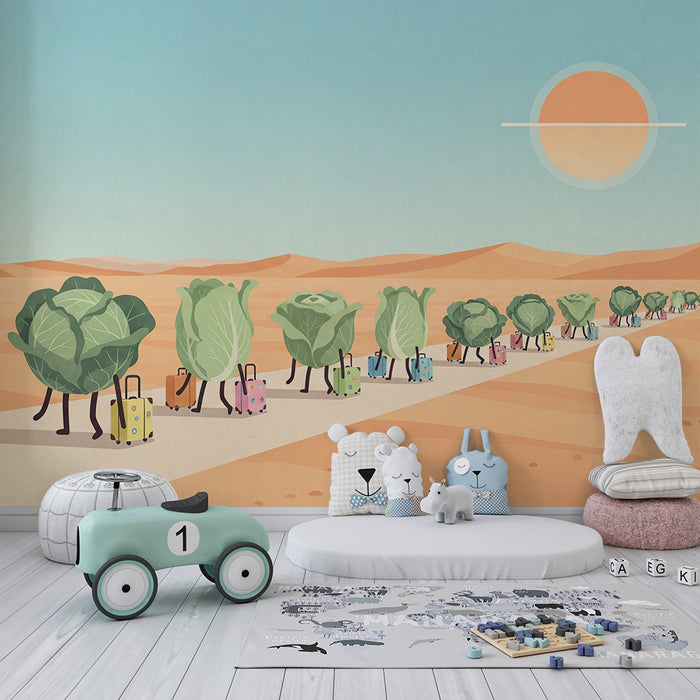 Kinderzimmer-Tapete | Reisekohl im Wüstenabenteuer mit bunten Koffern