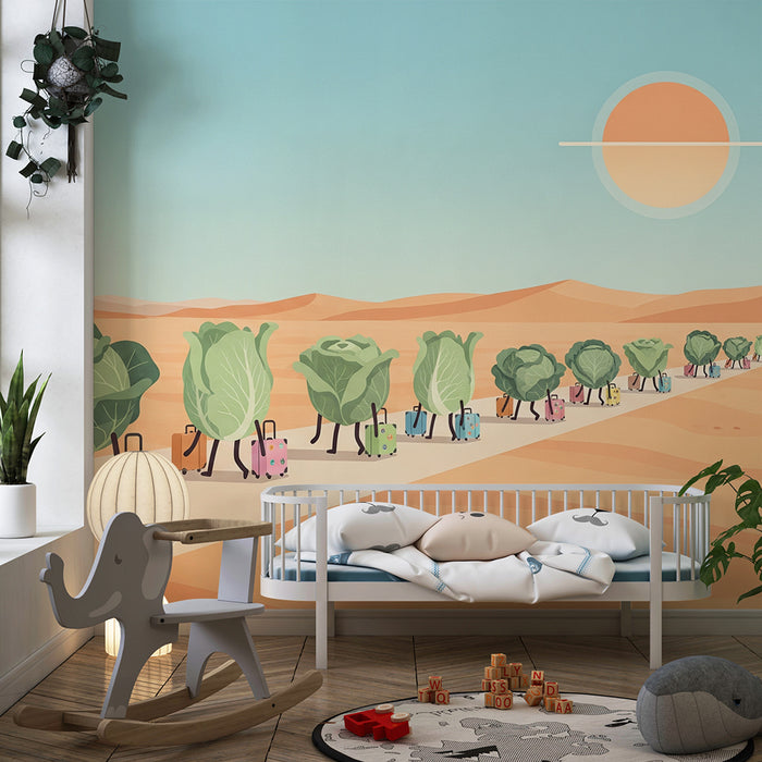 Kinderzimmer-Tapete | Reisekohl im Wüstenabenteuer mit bunten Koffern