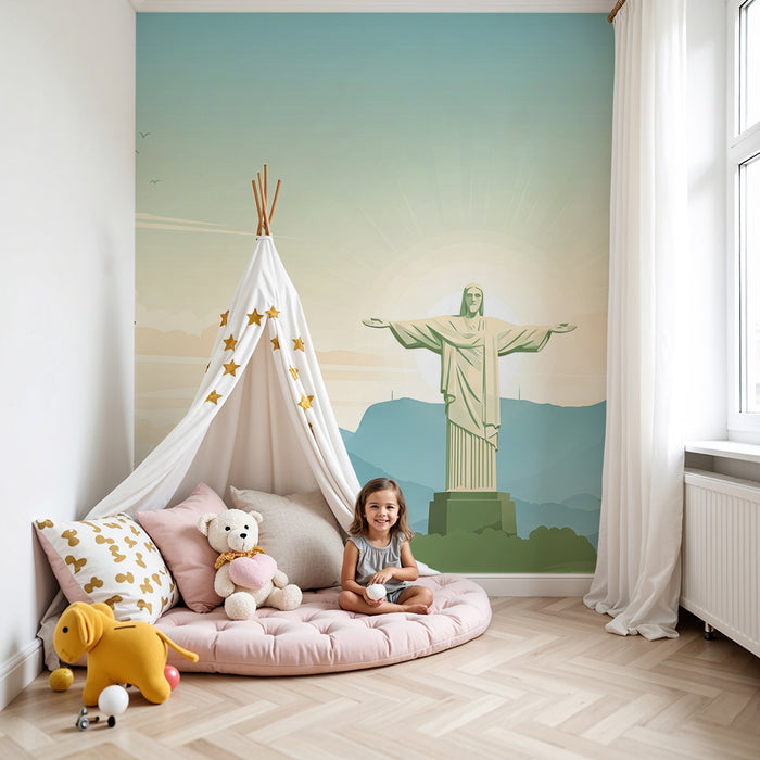 Papel de parede para quarto infantil | Cristo Redentor e paisagem tropical relaxante