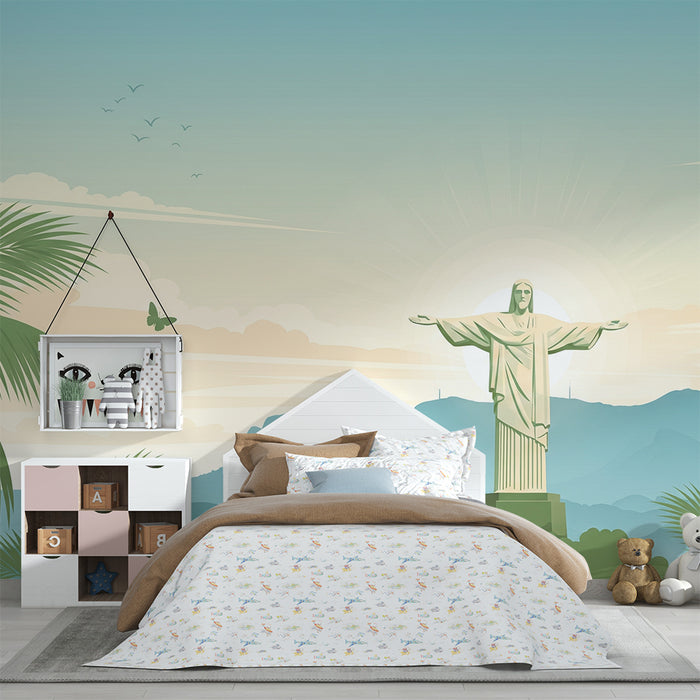 Papel de parede para quarto infantil | Cristo Redentor e paisagem tropical relaxante