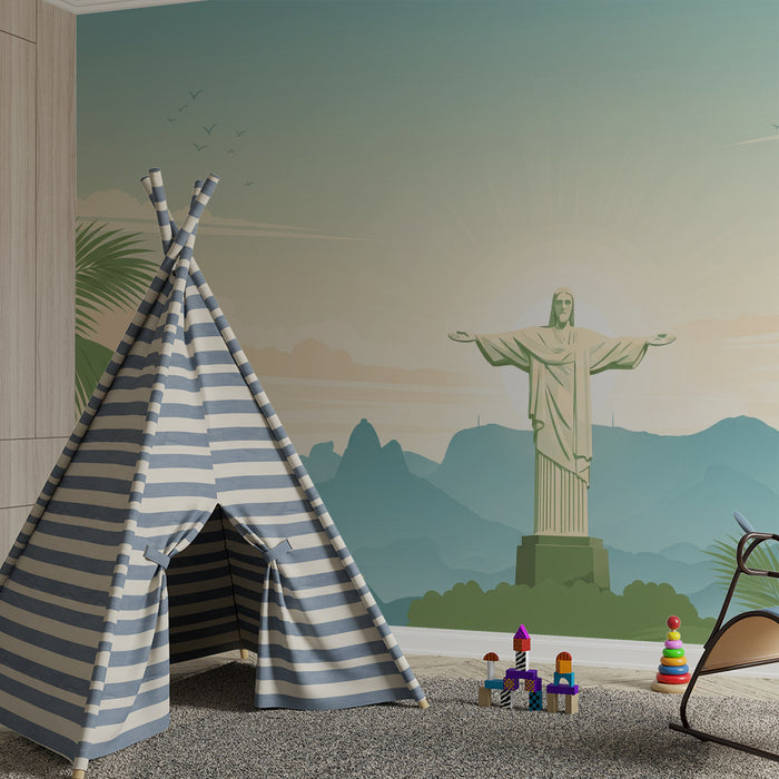 Papel de parede para quarto infantil | Cristo Redentor e paisagem tropical relaxante