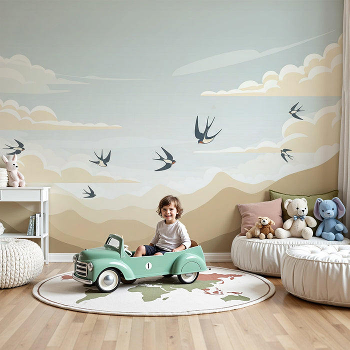 Papier peint chambre enfant | Ciel apaisant avec oiseaux en vol et montagnes douces