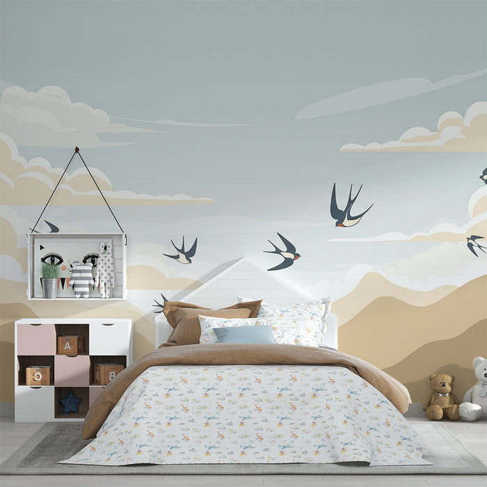 Papier peint chambre enfant | Ciel apaisant avec oiseaux en vol et montagnes douces