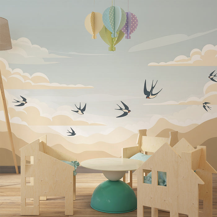 Papier peint chambre enfant | Ciel apaisant avec oiseaux en vol et montagnes douces