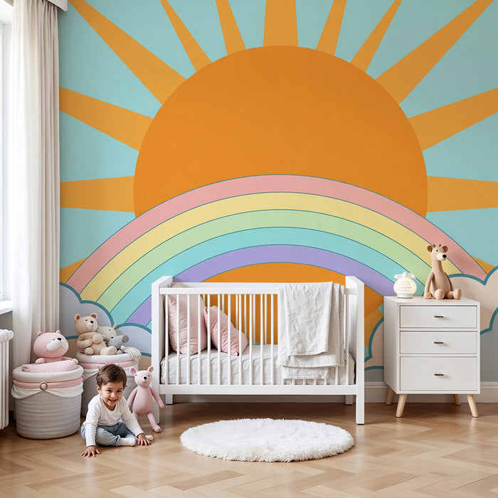Kids room wallpaper | Sunny sky with rainbow and soft clouds
