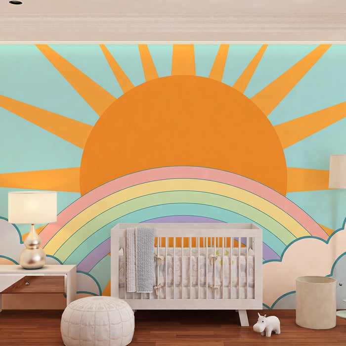 Kids room wallpaper | Sunny sky with rainbow and soft clouds