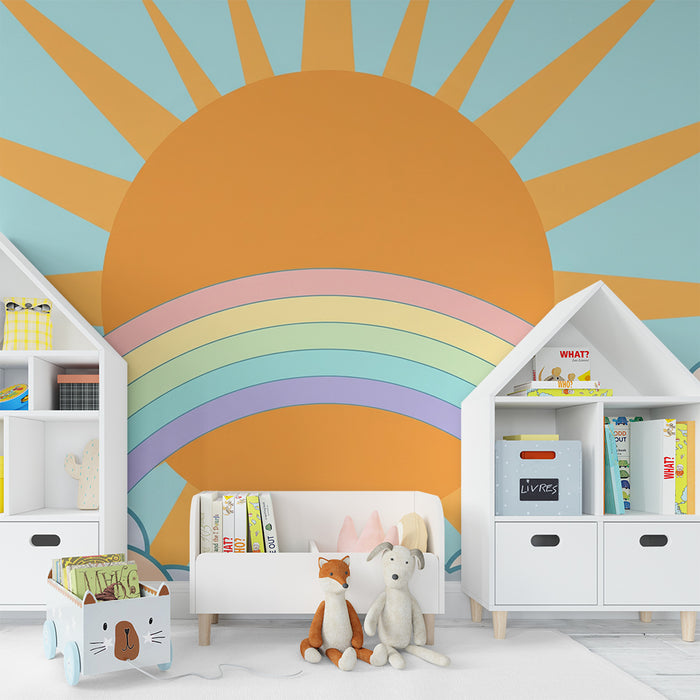 Kids room wallpaper | Sunny sky with rainbow and soft clouds