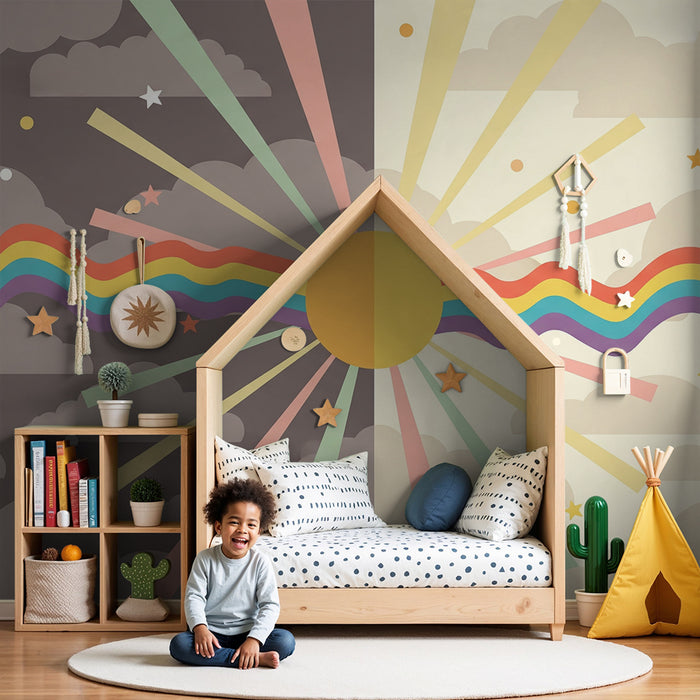 Papel pintado infantil | Cielo soleado con nubes y arcoíris colorido