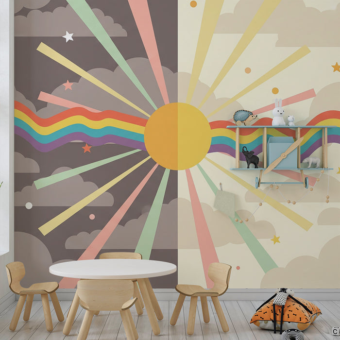 Papel pintado infantil | Cielo soleado con nubes y arcoíris colorido