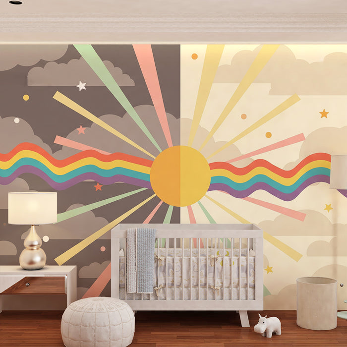 Papel pintado infantil | Cielo soleado con nubes y arcoíris colorido
