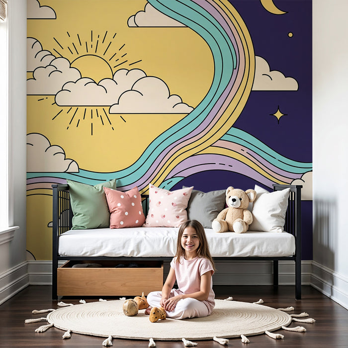 Papel pintado infantil | Cielo soleado y noche estrellada con arcoíris