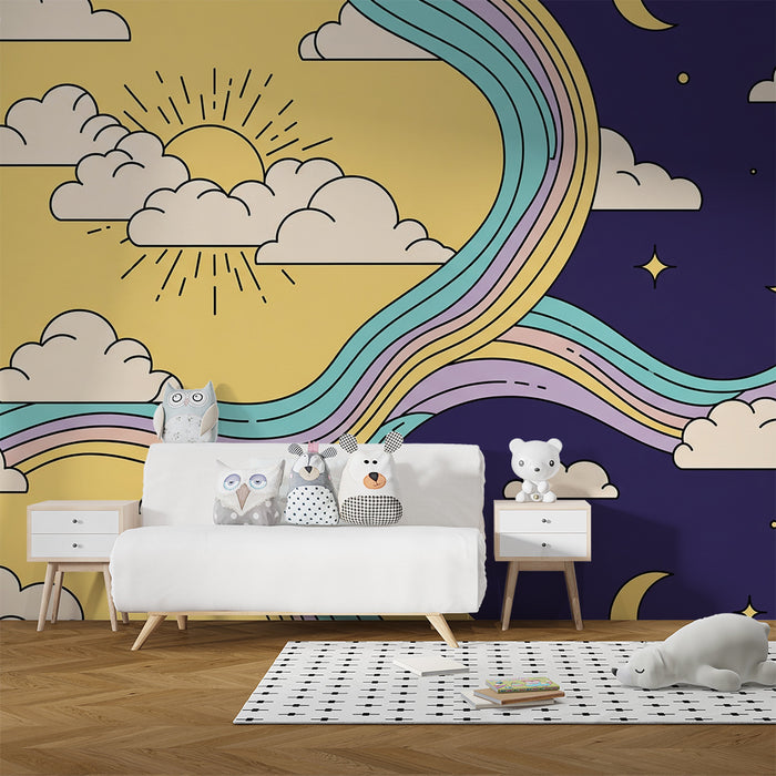Papel pintado infantil | Cielo soleado y noche estrellada con arcoíris