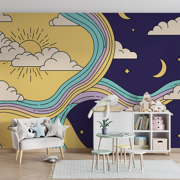 Papel pintado infantil | Cielo soleado y noche estrellada con arcoíris