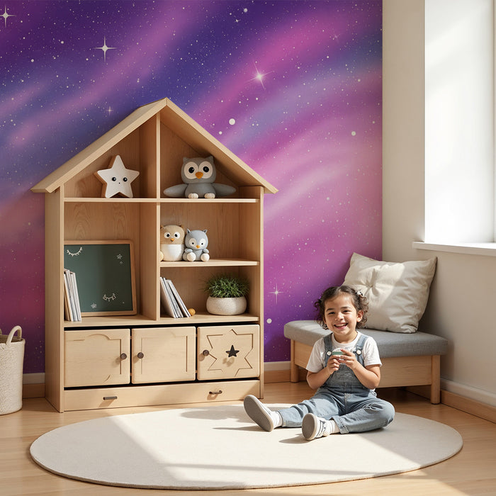 Carta da parati per camera bambini | Cielo stellato con sfumature viola e rosa