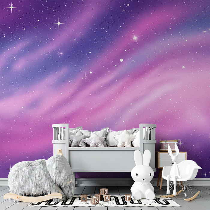 Carta da parati per camera bambini | Cielo stellato con sfumature viola e rosa