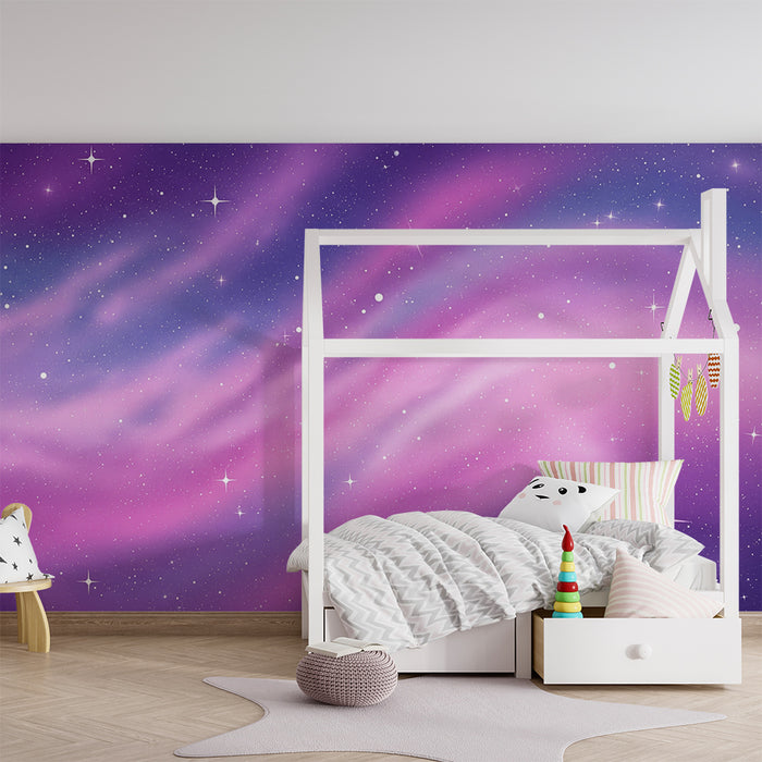 Carta da parati per camera bambini | Cielo stellato con sfumature viola e rosa