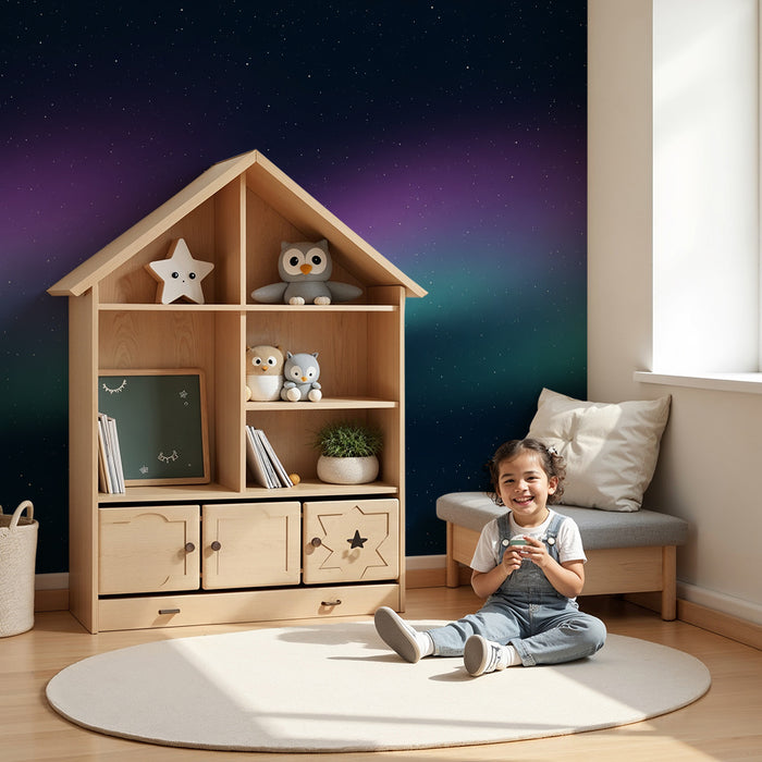 Papel de parede criança | Céu estrelado com aurora boreal em violeta e turquesa