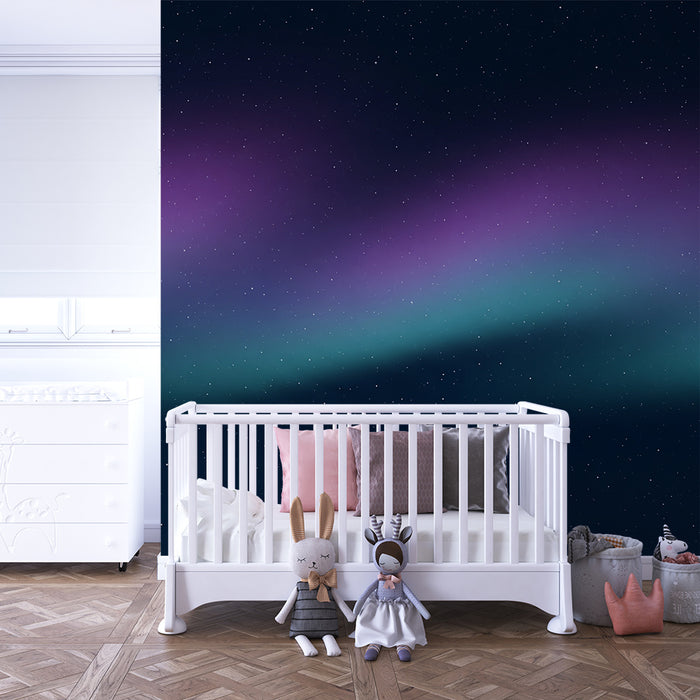 Papel de parede criança | Céu estrelado com aurora boreal em violeta e turquesa