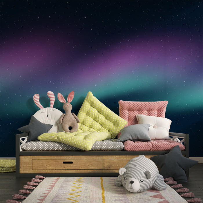 Papel de parede criança | Céu estrelado com aurora boreal em violeta e turquesa