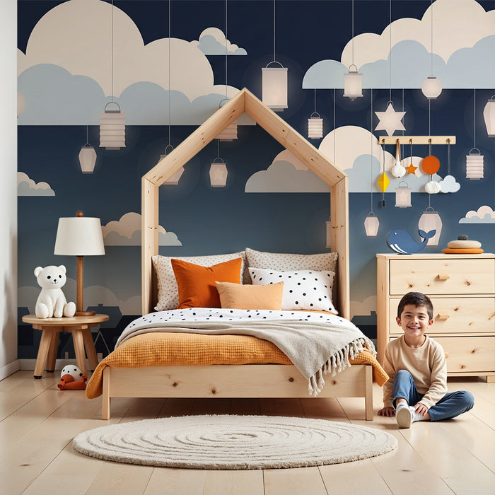 Papel pintado infantil | Cielo estrellado con faroles colgantes y nubes suaves