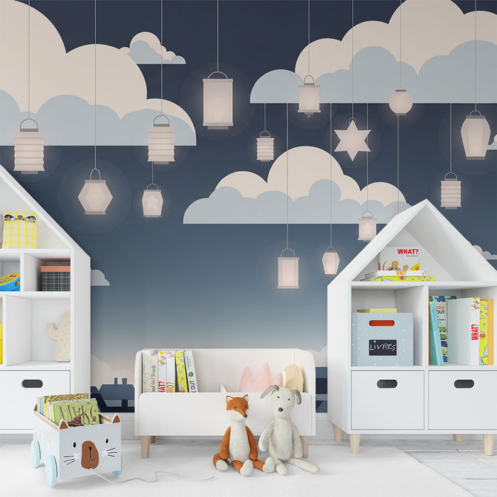Papel pintado infantil | Cielo estrellado con faroles colgantes y nubes suaves