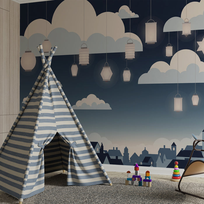Papel pintado infantil | Cielo estrellado con faroles colgantes y nubes suaves