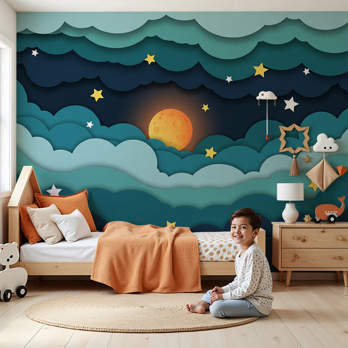 Barntapet | Stjärnhimmel med måne och moln i relief