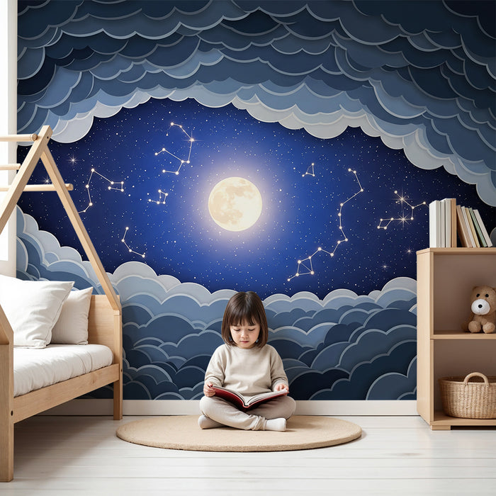 Papel pintado infantil | Cielo estrellado con nubes y luna brillante