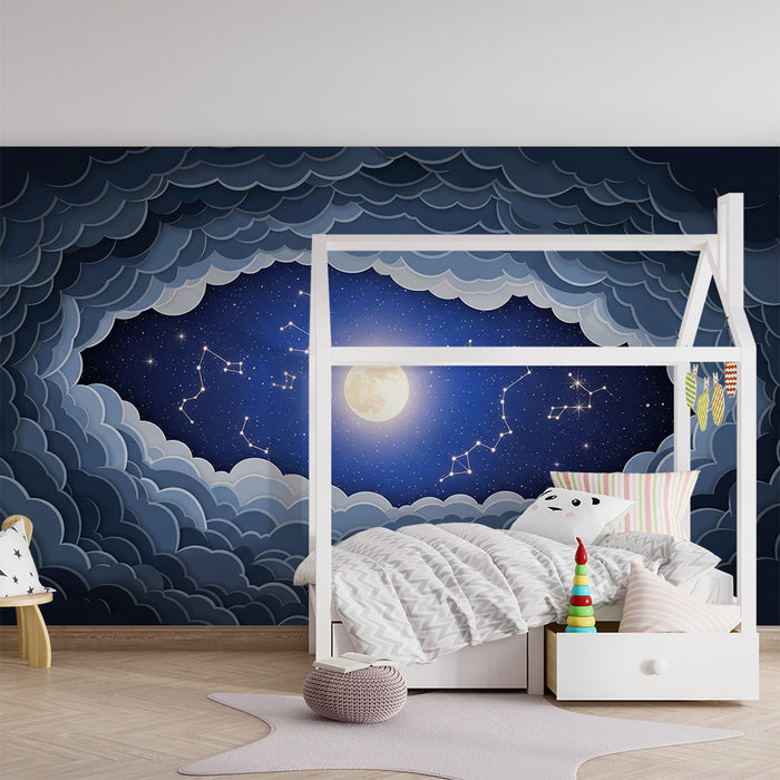 Papel pintado infantil | Cielo estrellado con nubes y luna brillante