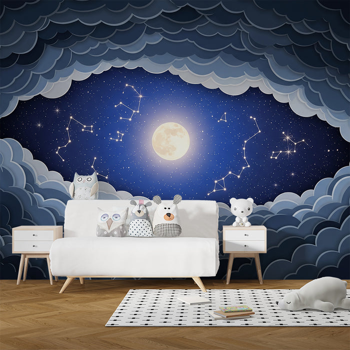 Papel pintado infantil | Cielo estrellado con nubes y luna brillante