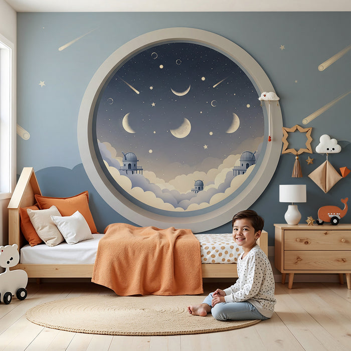 Papier peint chambre enfant | Ciel étoilé avec observatoires et nuages doux