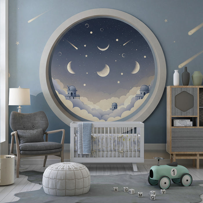 Papier peint chambre enfant | Ciel étoilé avec observatoires et nuages doux