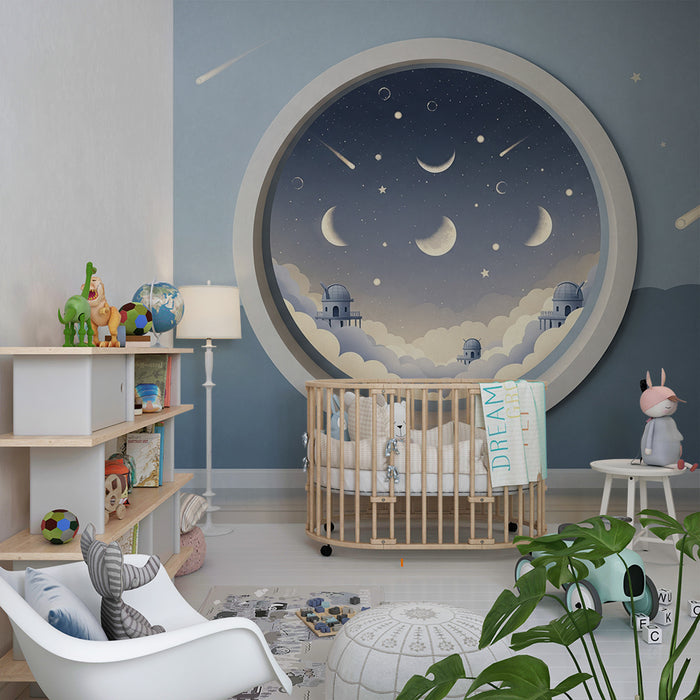 Papier peint chambre enfant | Ciel étoilé avec observatoires et nuages doux