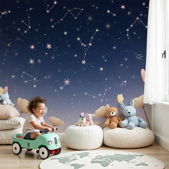 Kinderkamer behang | Blauwe sterrenhemel en kleurrijke vlinders