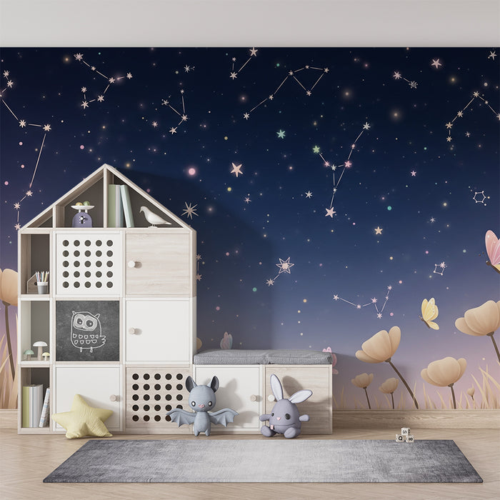 Kinderkamer behang | Blauwe sterrenhemel en kleurrijke vlinders
