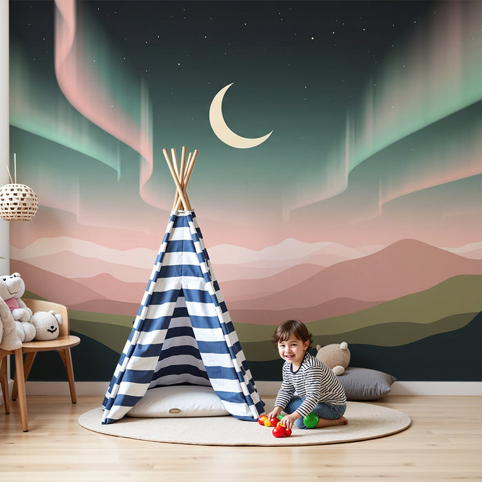Kinderkamer behang | Sterrenhemel en noorderlicht boven de bergen
