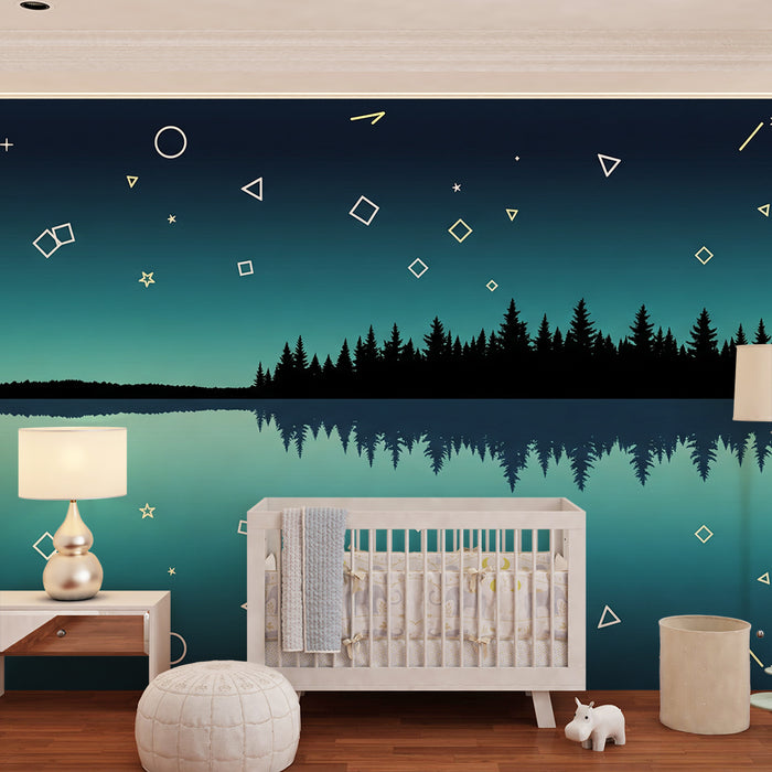 Barnetapet med stjernehimmel og skog ved en innsjø