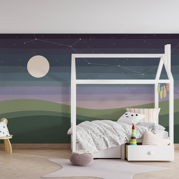 Tapet za detska staia | Zvezdeno nebe i luna s miagki khilishta