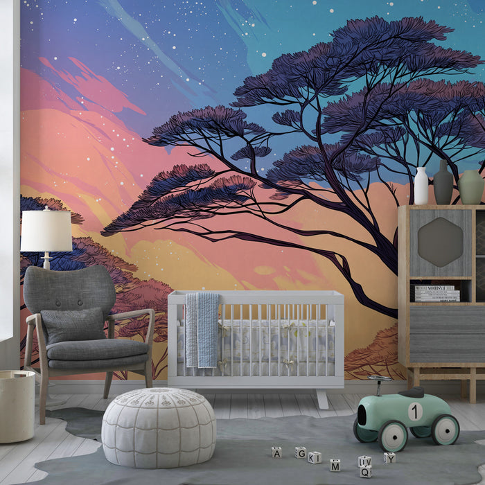 Kinderzimmer Tapete | Sternenhimmel und Baumumrisse